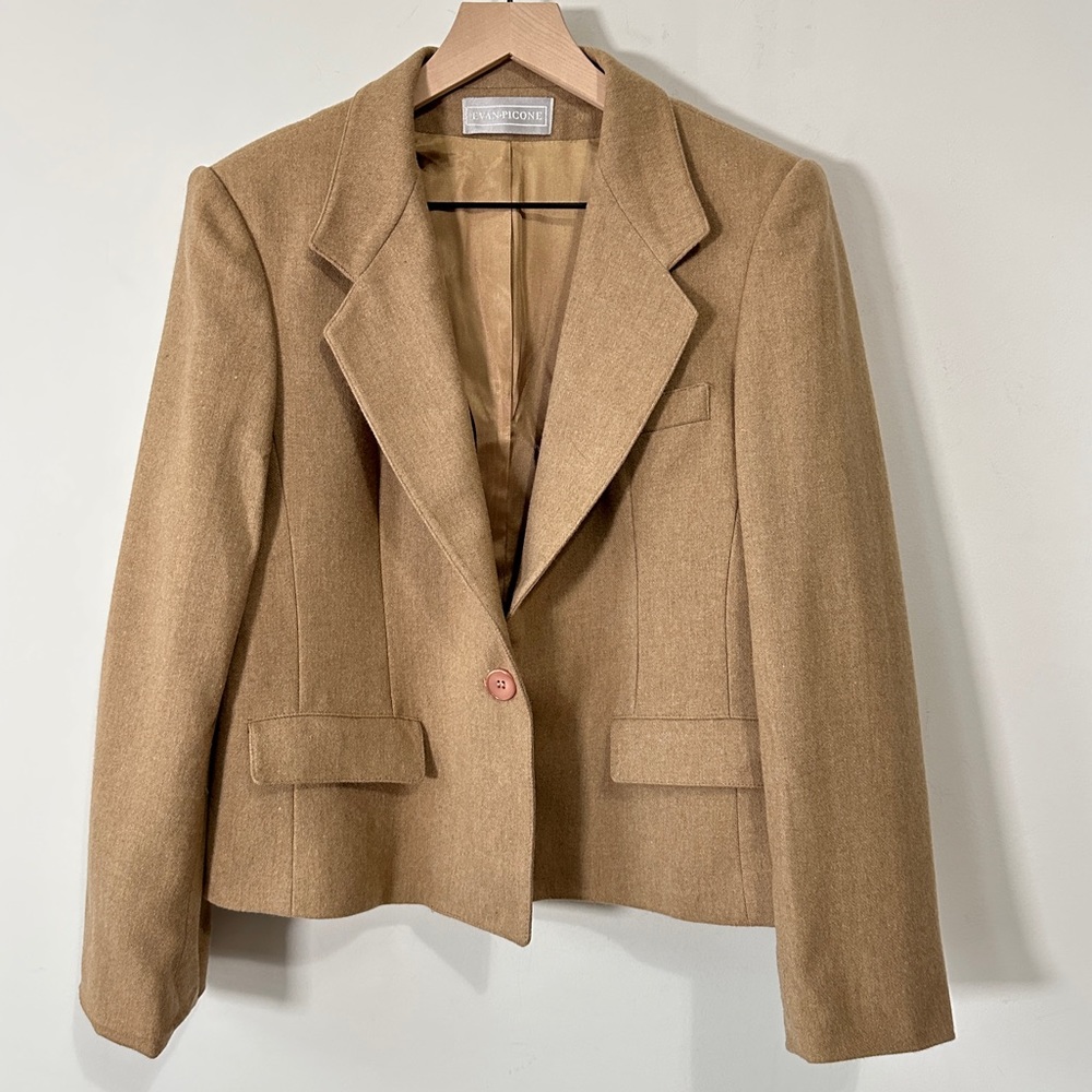 Vintage Evan Picone Tan Wool Cropped Style Blazer Jacket Size 10